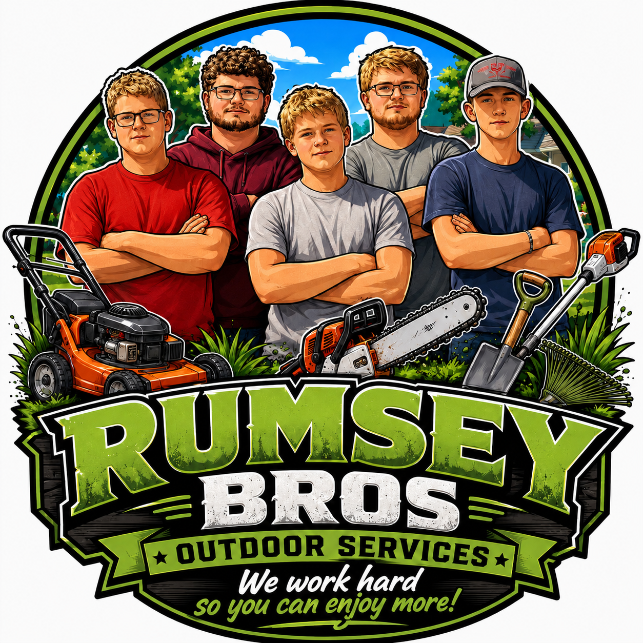 Rumsey Bros. Outdoor Services crew with lawn-care equipment